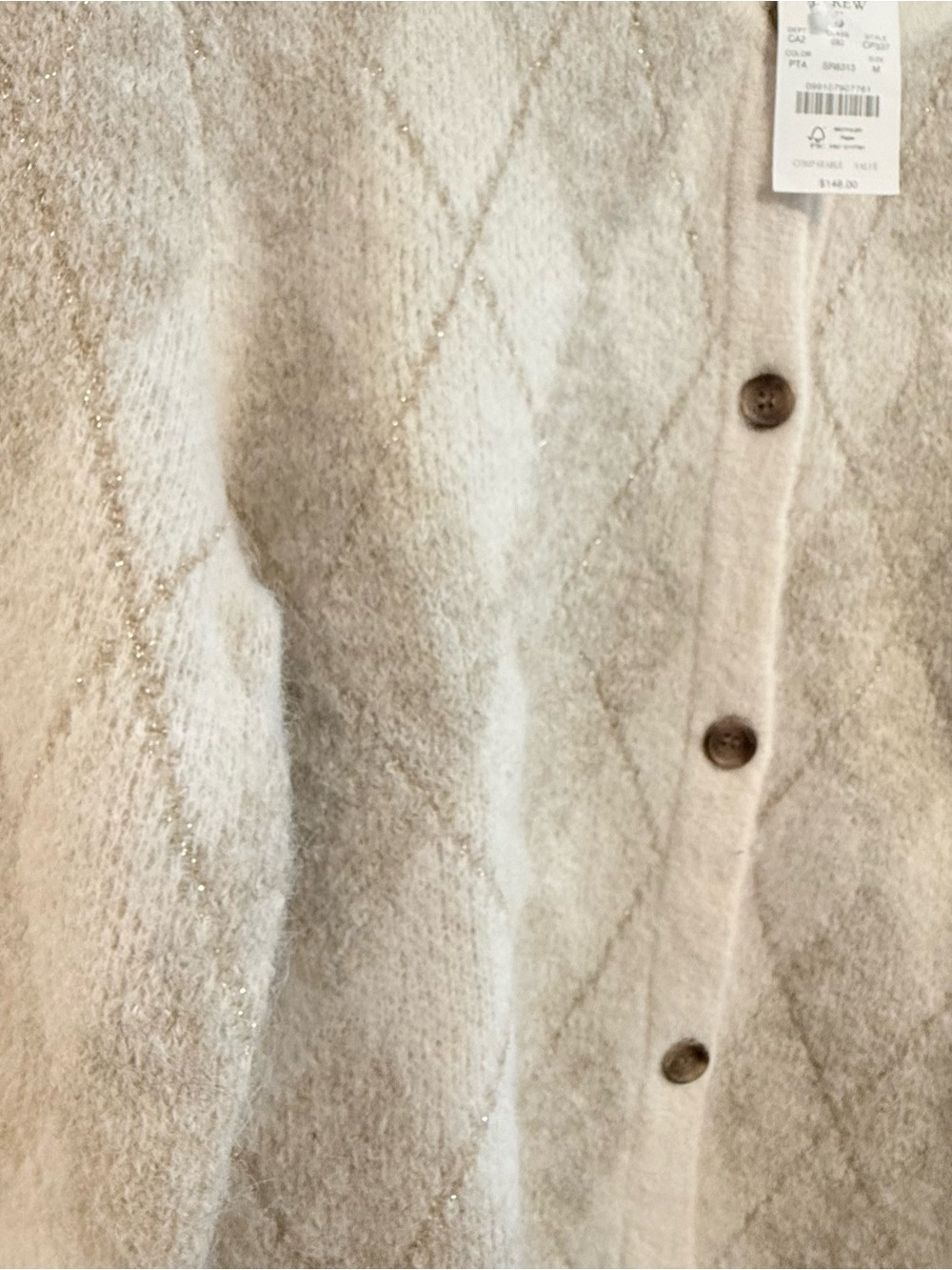 J. Crew Cream and Light Gray Argyle Fuzzy Button Cardigan - Picture 6 of 6